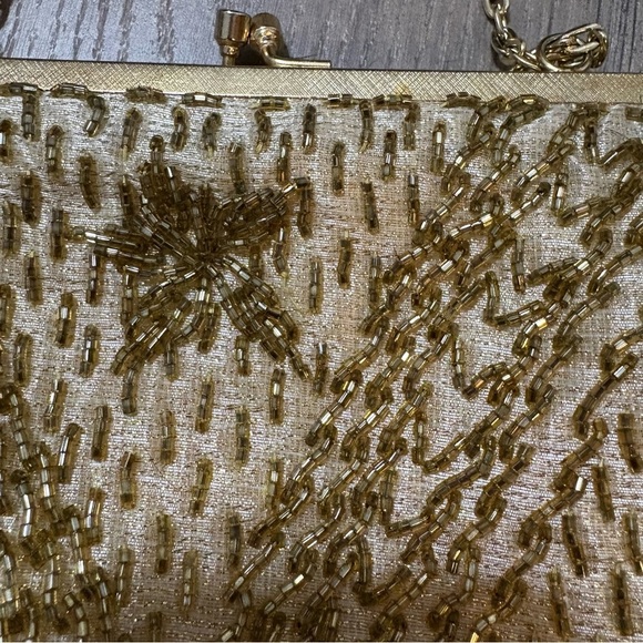Vtg Gold Beaded Small Cocktail Purse Evening Bag Flapper 20s Satin Lining - Picture 3 of 8